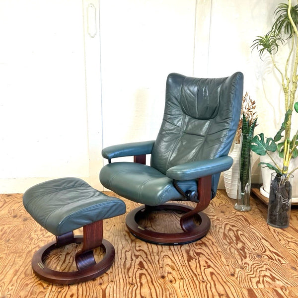 エコーネス / EKORNES ストレスレスチェア ウィング / Wing Mサイズ オットマン付 本革張り グリーン リクライニング 中古 –  RESTYLE