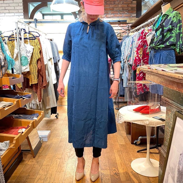 【古着】アトリエナルセ / atelier naruse  リネンファーマーズワンピ / linen farmers one-piece ブルー