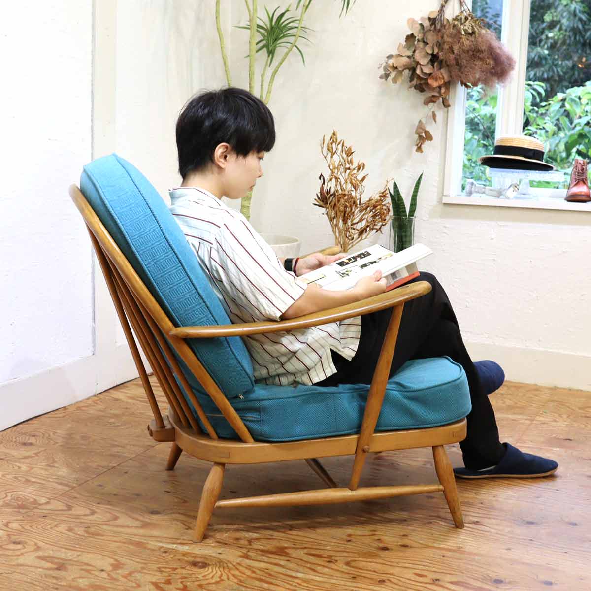 アーコール / ERCOL イージーチェア アームチェア ウィンザーチェア 水色 ヴィンテージ