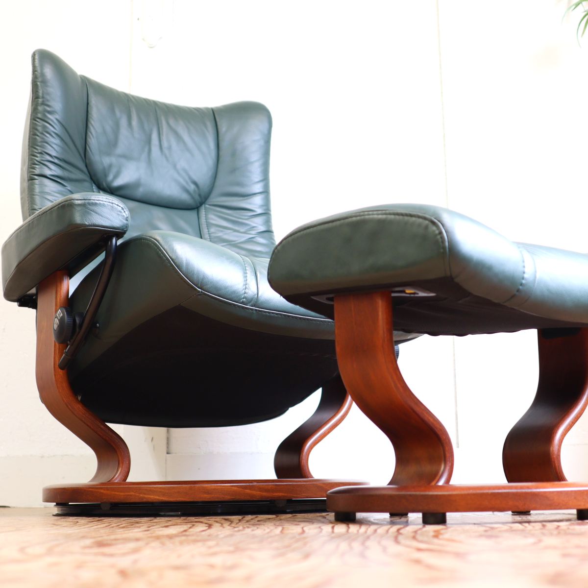 エコーネス / EKORNES ストレスレスチェア ウィング / Wing Lサイズ オットマン付 本革張り グリーン リクライニング 中古 –  RESTYLE